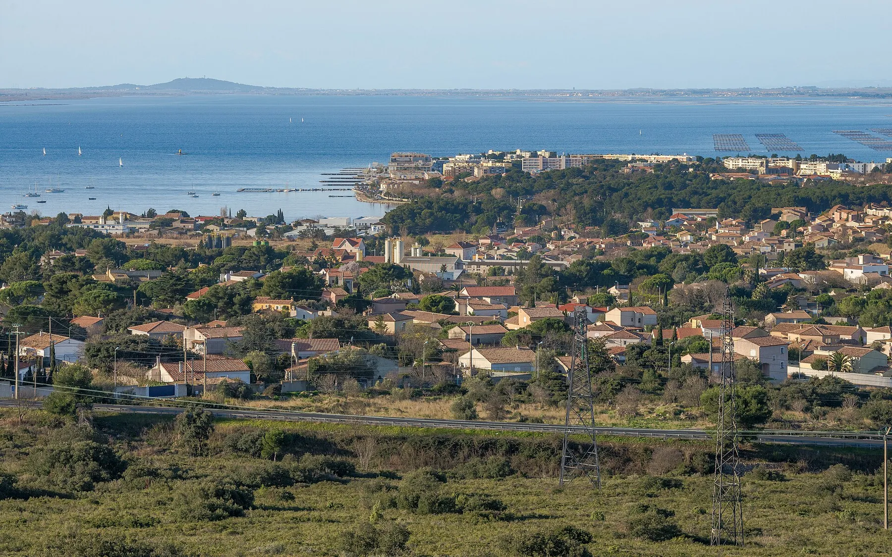 Balaruc-les-Bains and the Étang de Thau. from the La Gardiole Mountain. Hérault, France.