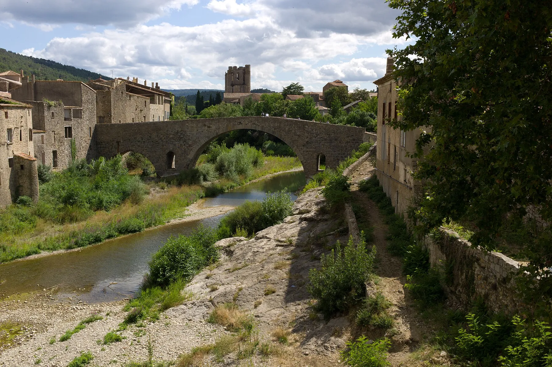 Lagrasse (Aude) village and old bridge in the summer.