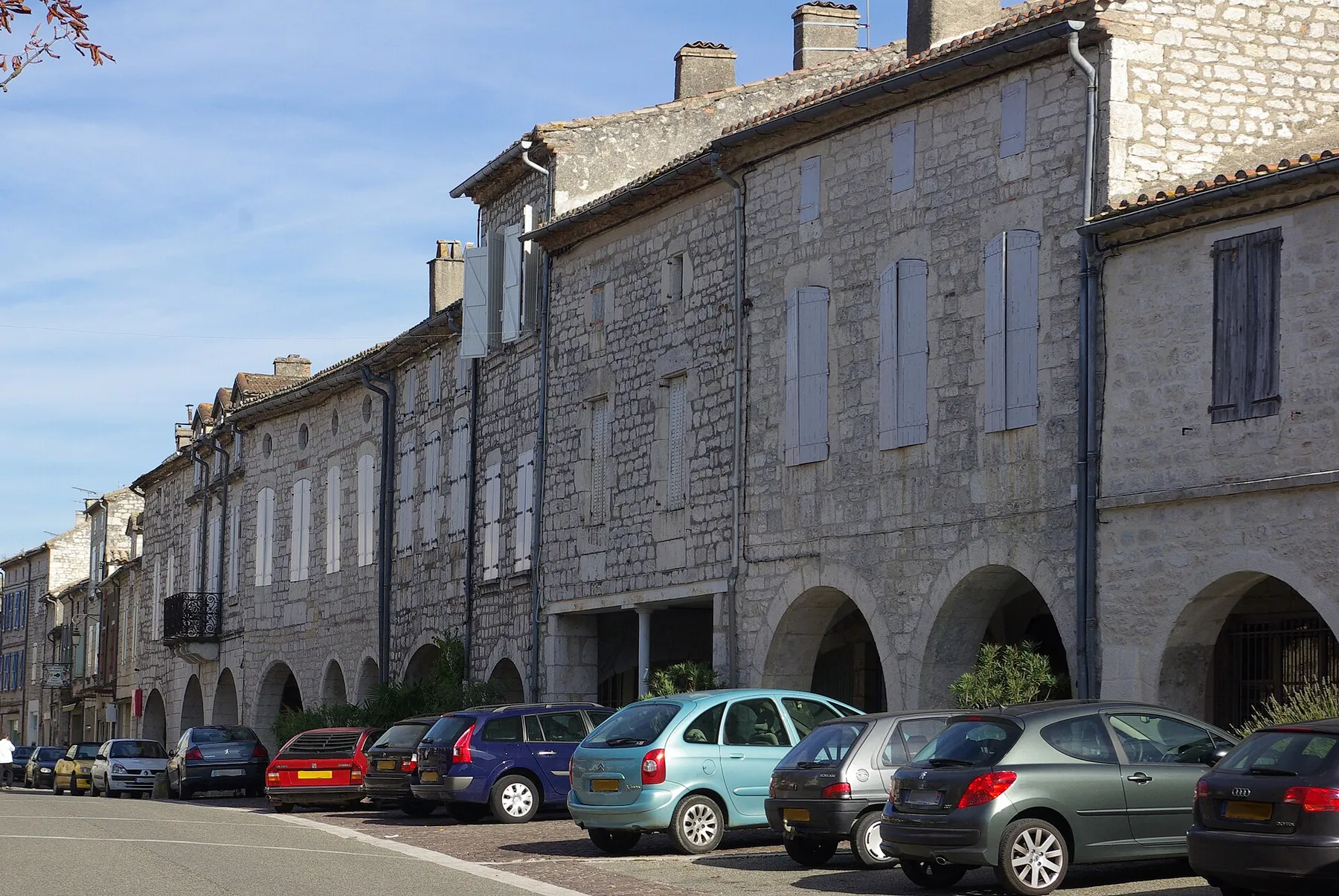 East side of the place Gambetta in Castelnau-Montratier, (Lot, France).