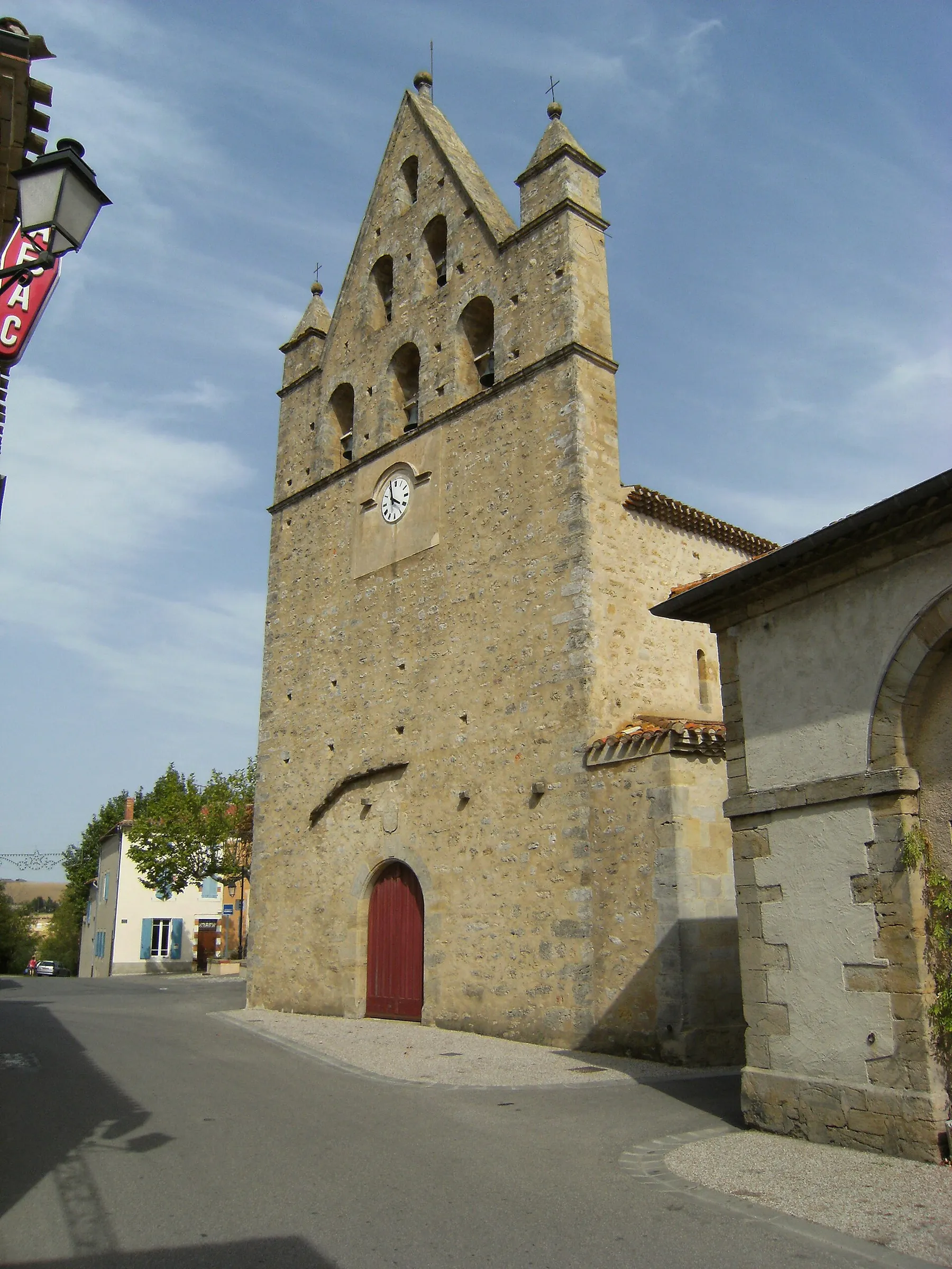 Facade of the church at the main junction in Salles-sur-l'Hers, Aude.